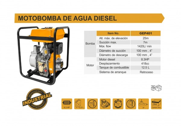 Motobomba de agua Industrial 1420 L/min INGCO - Diesel 8.3HP - INGCO