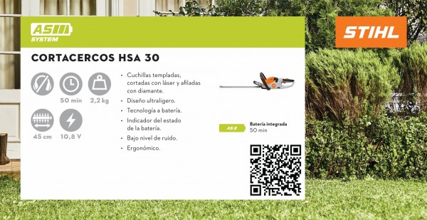 Cortacerco a batería HSA 30 - Sistema AS - STIHL