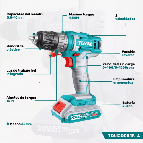 TALADRO INALAMBRICO 20V 1500rpm 45Nm TDLI200518-4 - TOTAL
