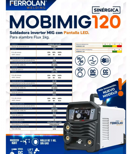 SOLDADORA MIG-MMA-TIG - 120A SIN GAS SINERGICA - MOBIMIG - FERROLAN - FERROLAN